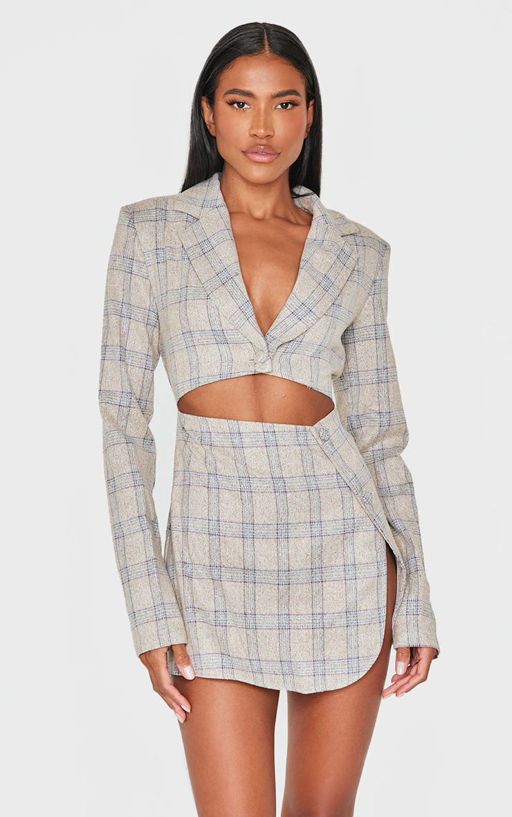 Stone Check Cut Out Long Sleeved Blazer Dress