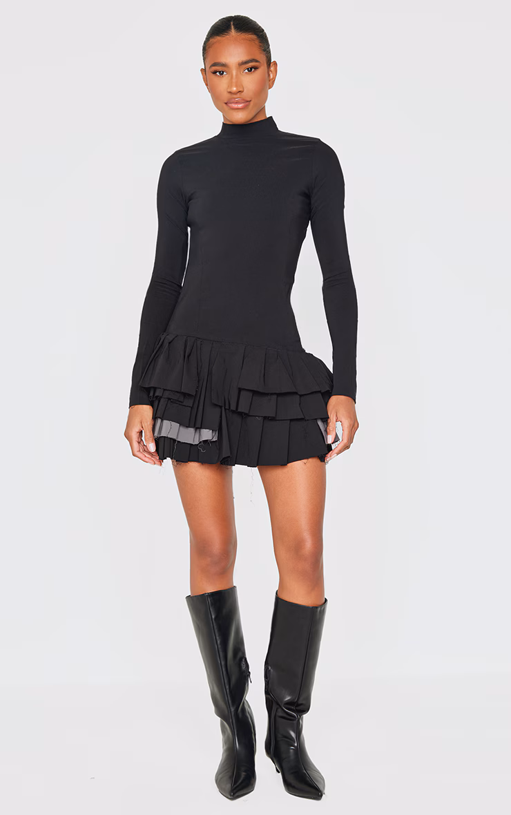 Black Stretch Woven Extreme Pleated Long Sleeve Shift Dress