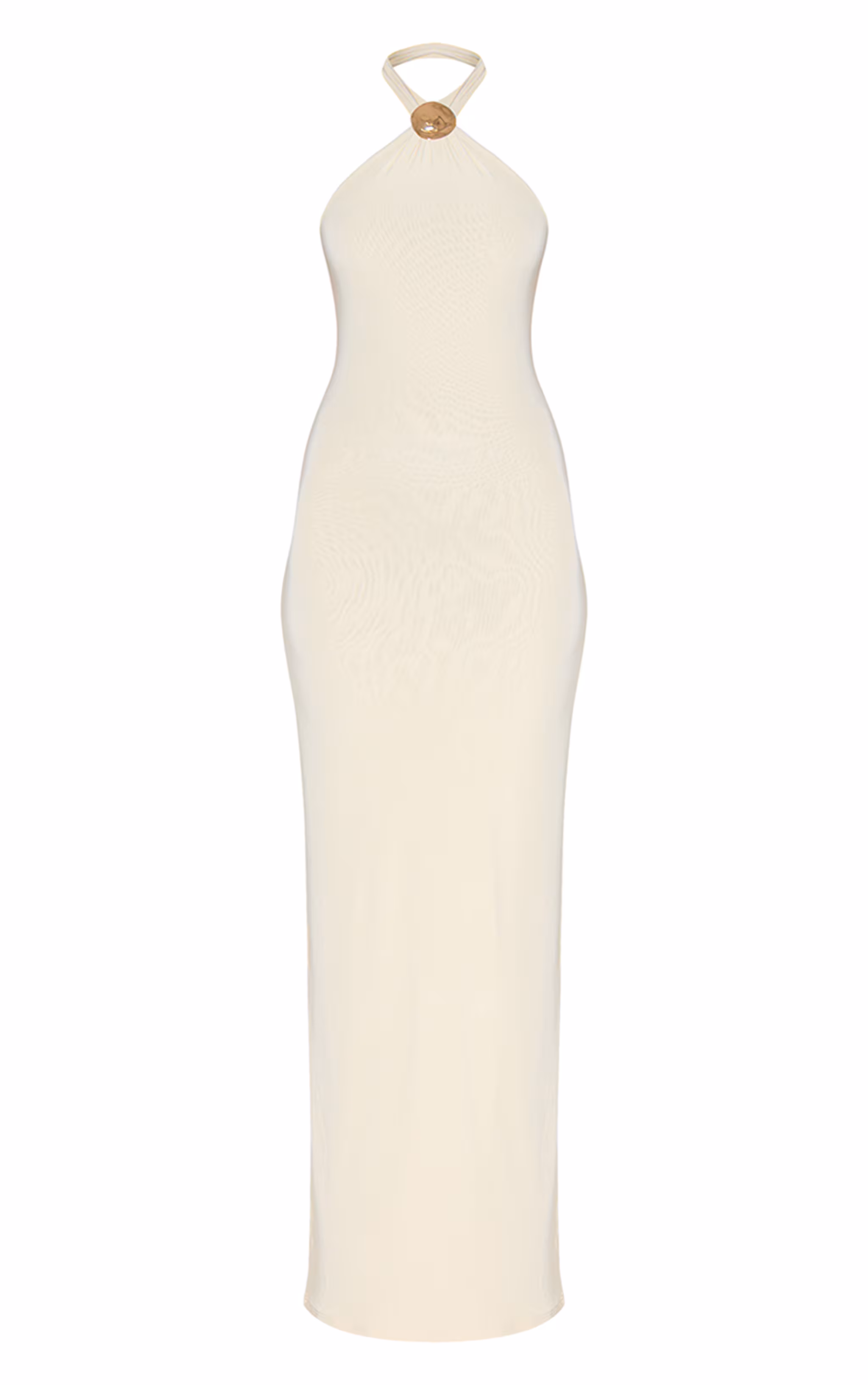 Almond Double Layered Slinky Halter Neck Trim Detail Maxi Dress