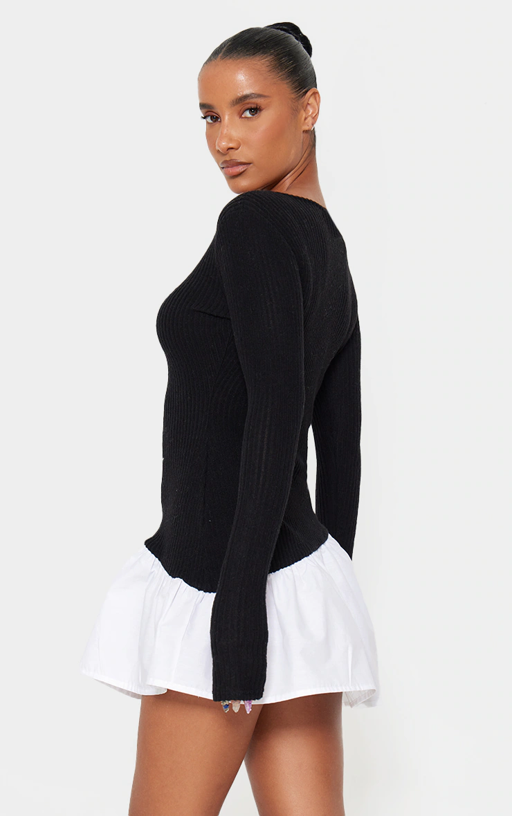 Black Brushed Rib Asymmetric Hem Shift Dress