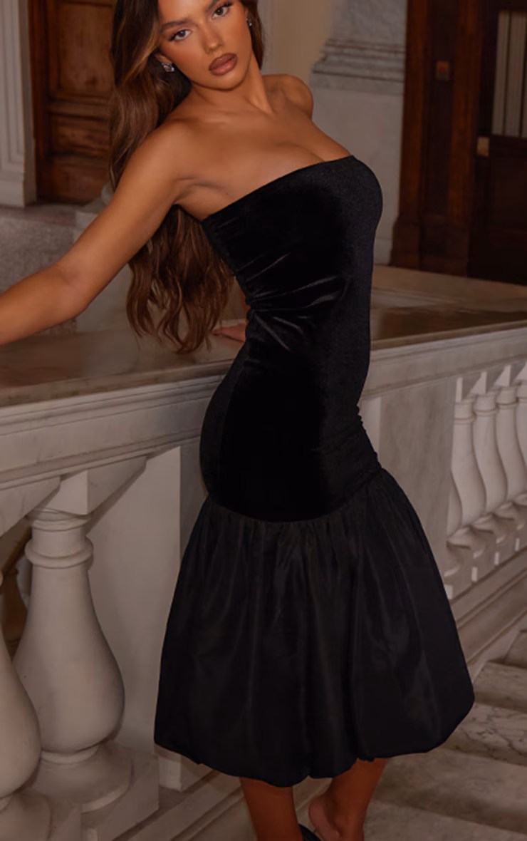 Black Velvet Puffball Midaxi Dress