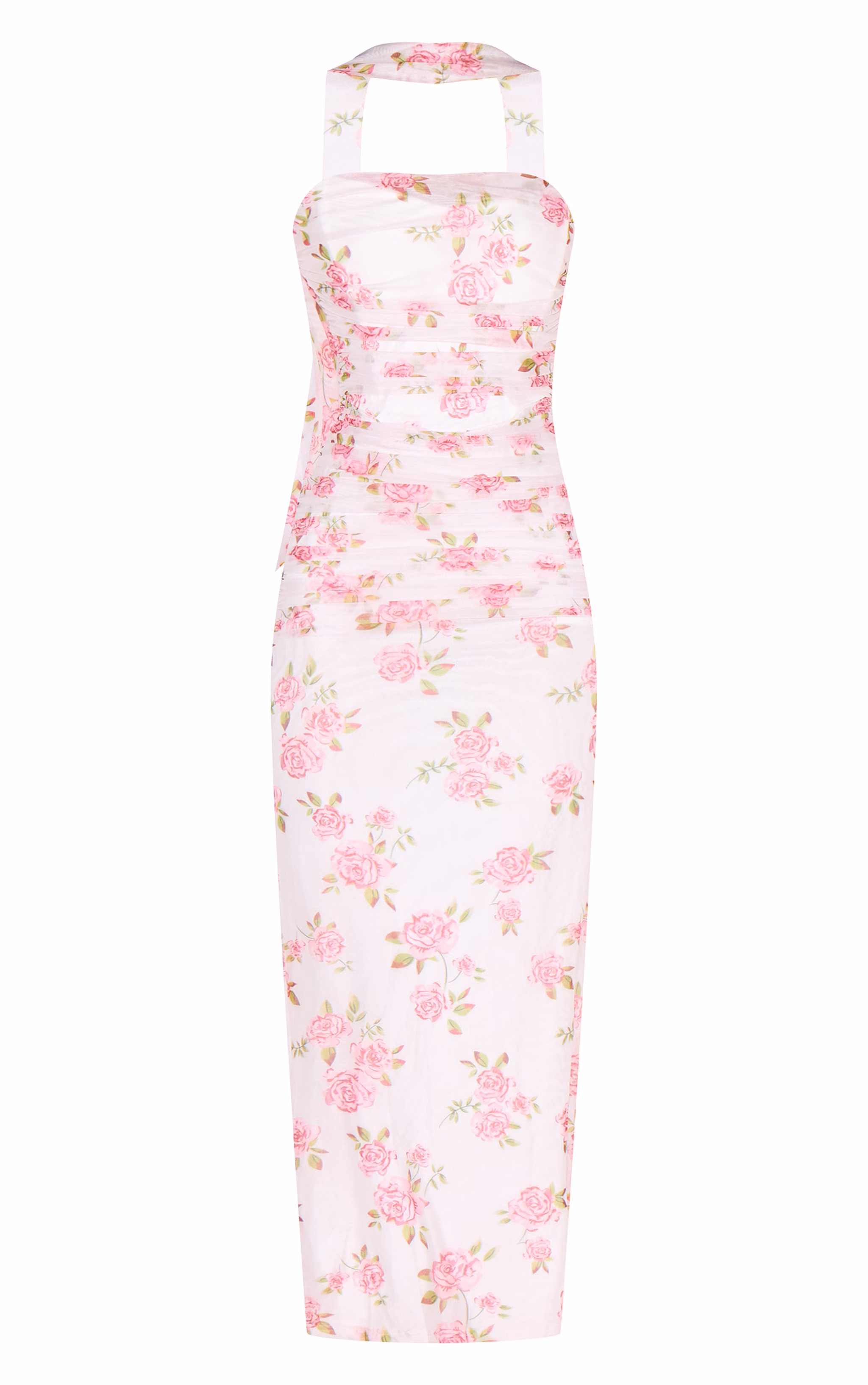 Pink Floral Scarf Detail Ruched Maxi Dress