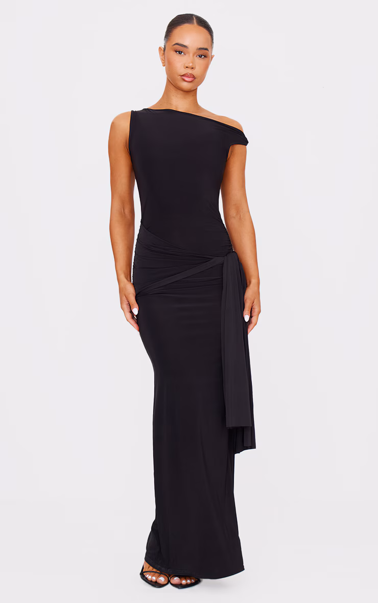 Black Slinky Off Shoulder Wrap Detail Maxi Dress