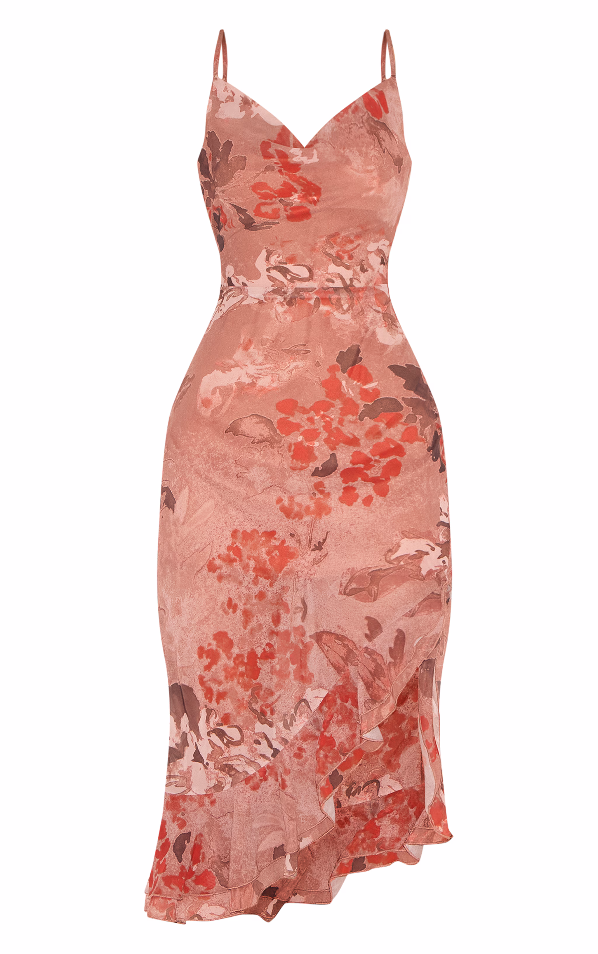 Mushroom Chiffon Floral Cowl Neck Midi Dress