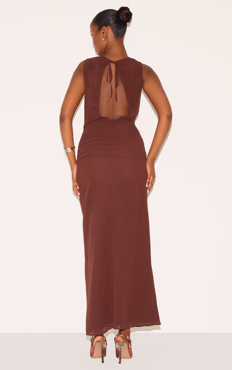 Chocolate Chiffon Keyhole Ruched Detail Maxi Dress