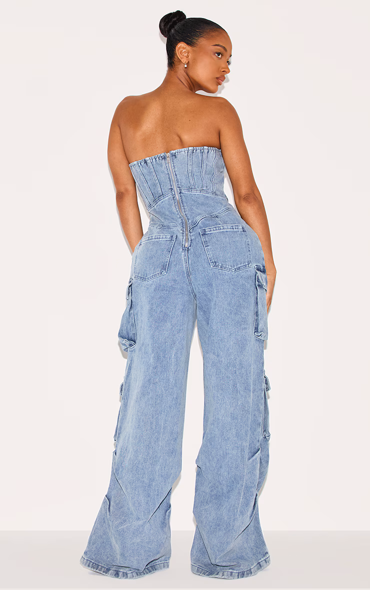 Shape Vintage Mid Wash Denim Bandeau Lace Up Front Wide Leg Jumpsuit