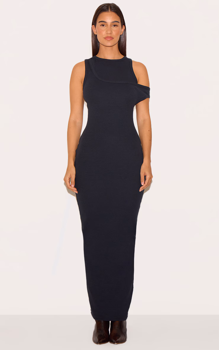Black Asymmetric Ribbed Maxi Dress