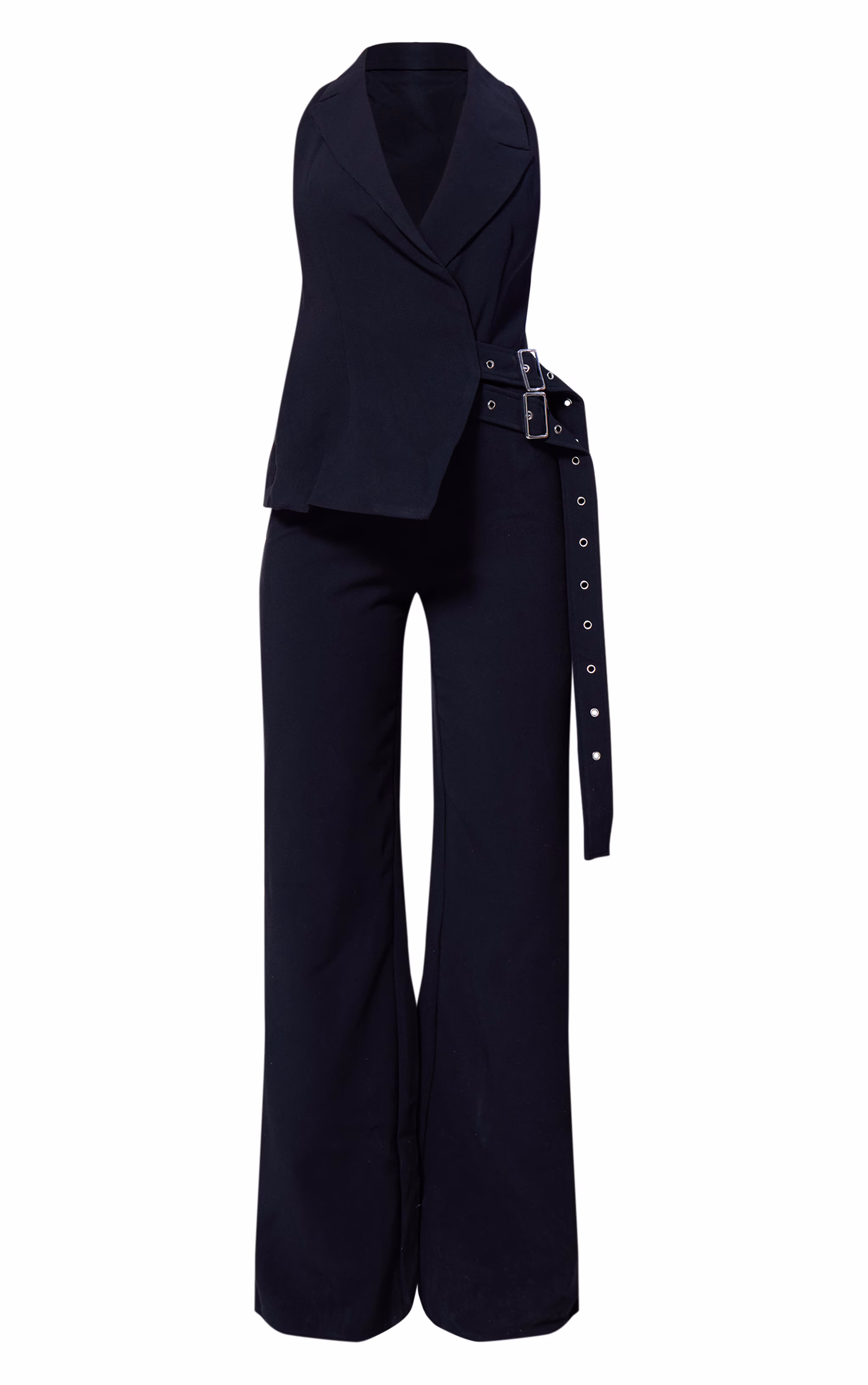 PLT Label Black Tailored Vest Belt Detail Jumpsuit