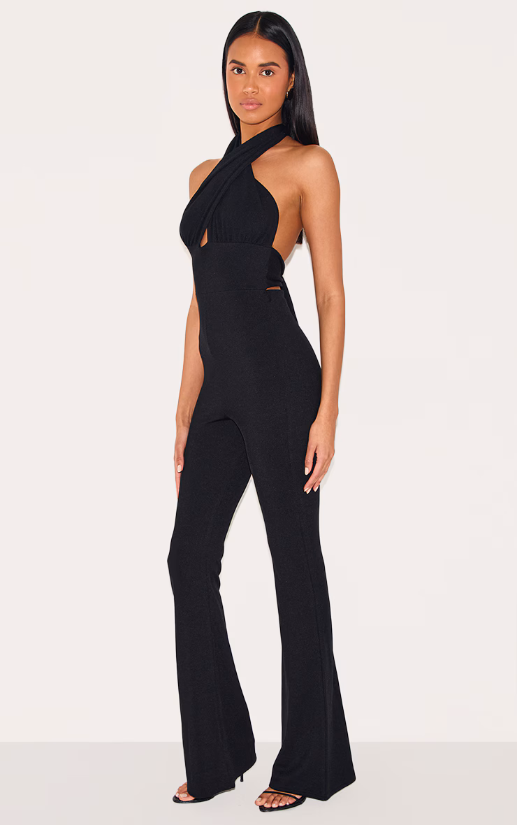 Black Cross Neck Tie Back Rib Jumpsuit