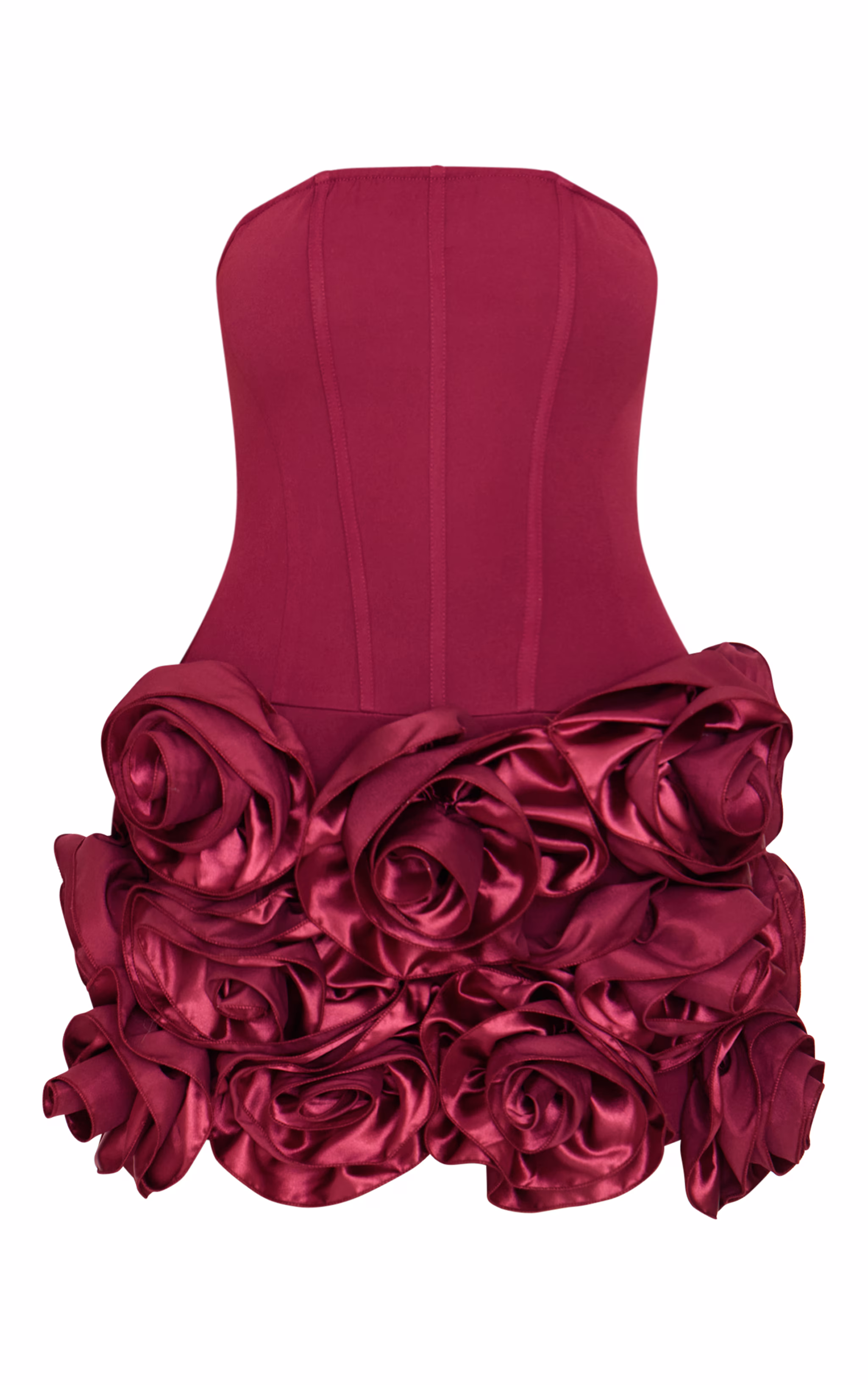 Burgundy Boned Corset Flower Detail Bodycon Dress