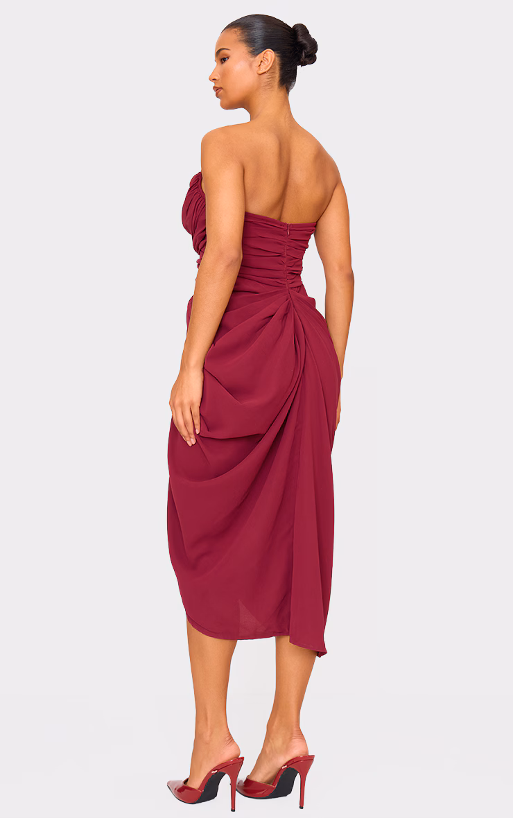 Burgundy Chiffon Corset Bandeau Draped Midi Dress