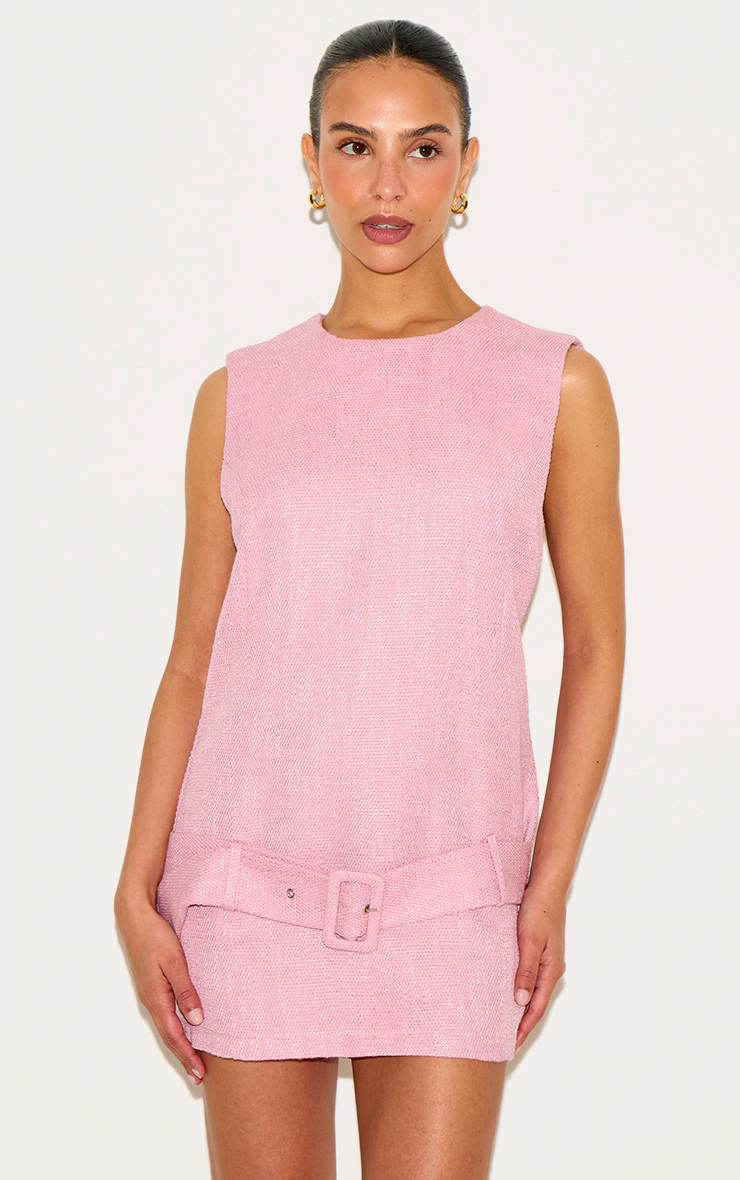 Petite Pale Rose Tweed Belted Shift Dress