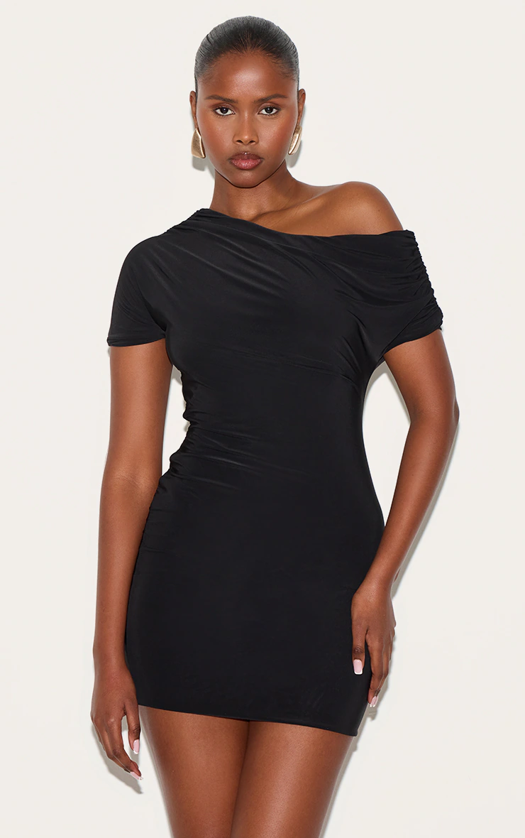 Black Slinky Off The Shoulder Ruched Mini Dress