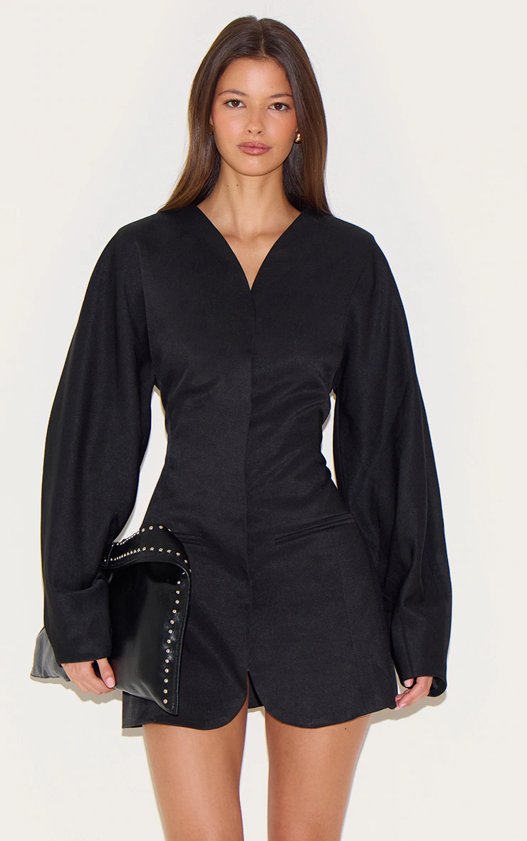 Black Woven Balloon Sleeve Collarless Blazer Dress