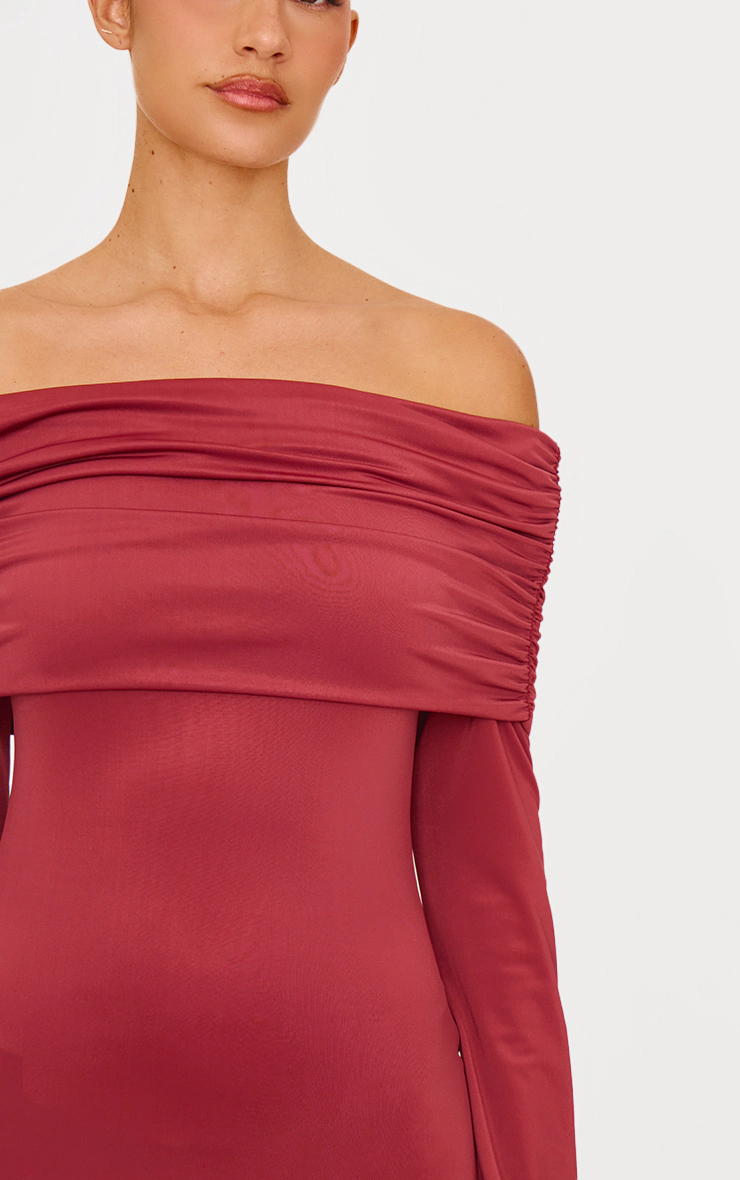 Burgundy Matte Sculpt Double Layer Foldover Bardot Long Sleeve Mini Dress