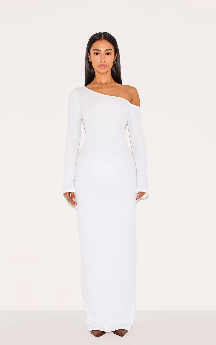 Petite Cream Asymmetric Ribbed Maxi Dress