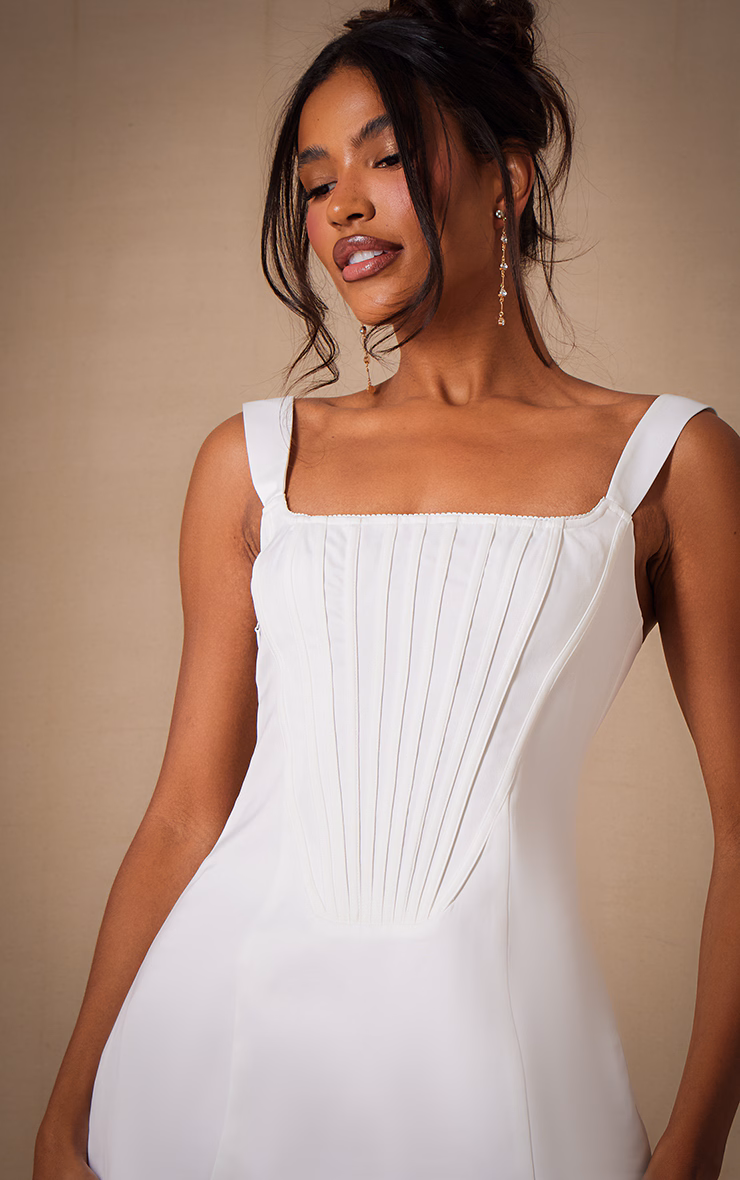 Premium White Woven Square Neck Lace Back Corset Dress