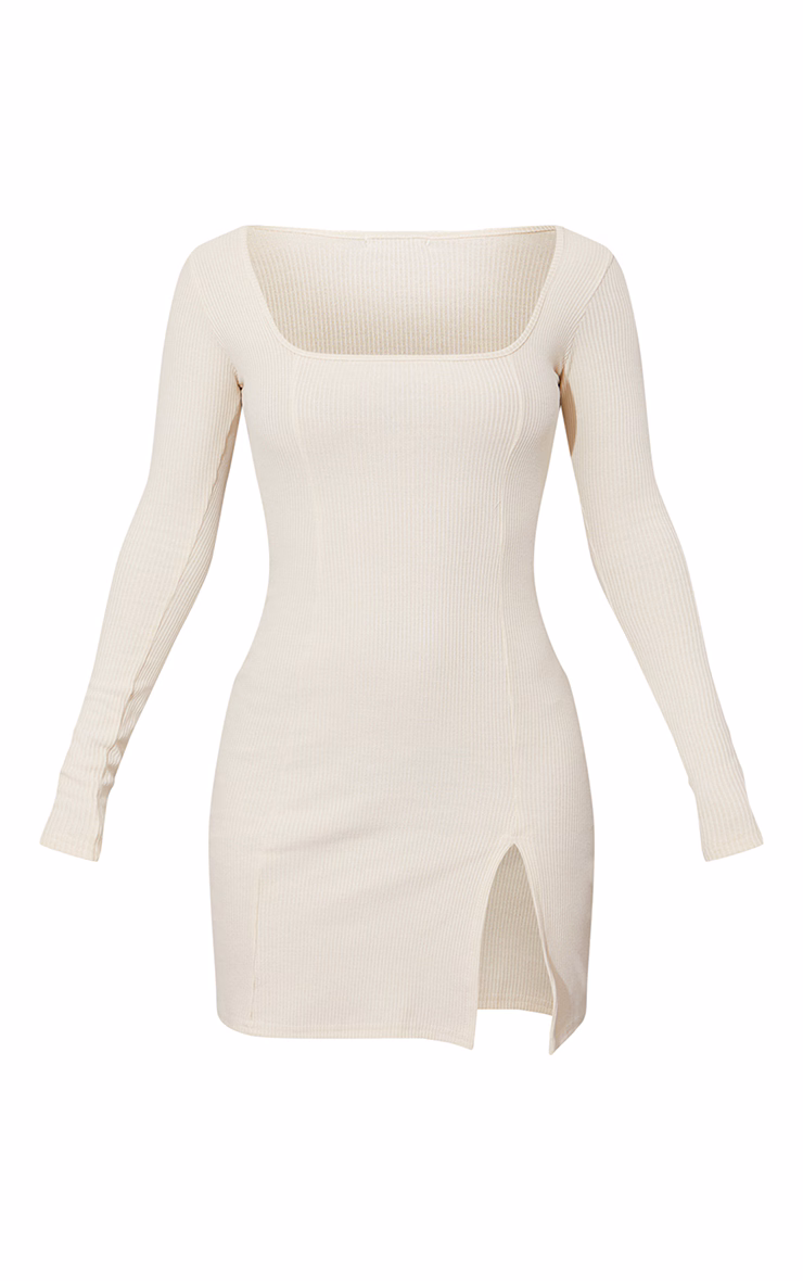 Cream Rib Split Hem Square Neck Long Sleeve Bodycon Dress