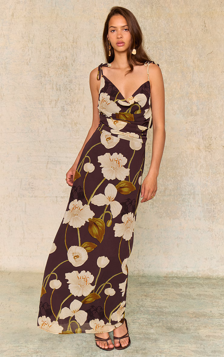 Chocolate Floral Chiffon Cowl Maxi Dress