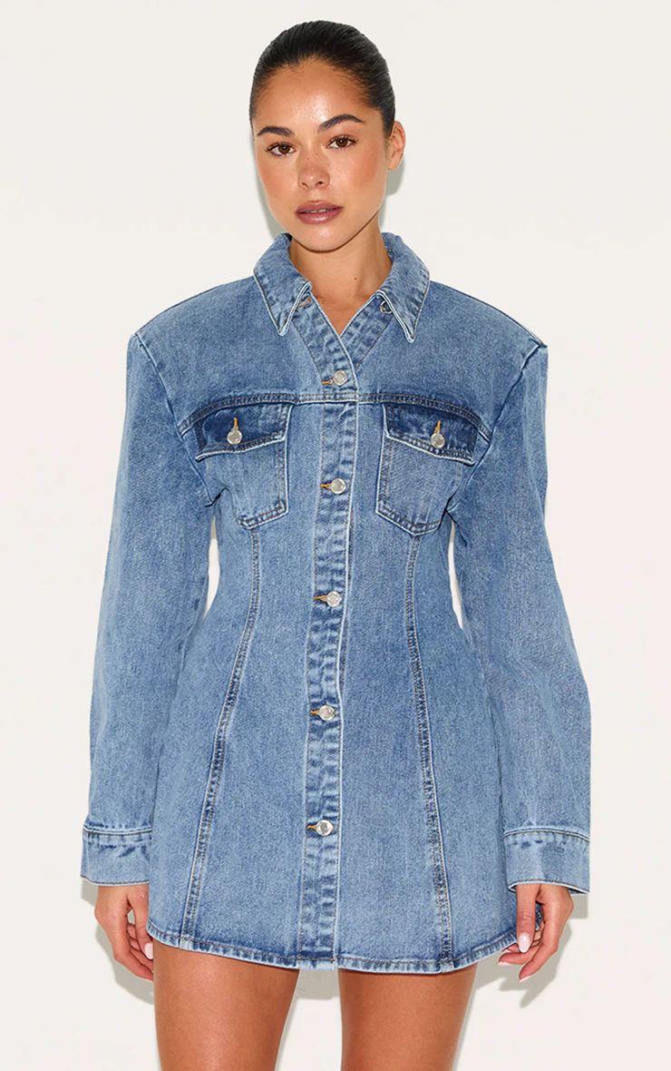Mid Blue Wash Cinched Waist Denim Shirt Dress