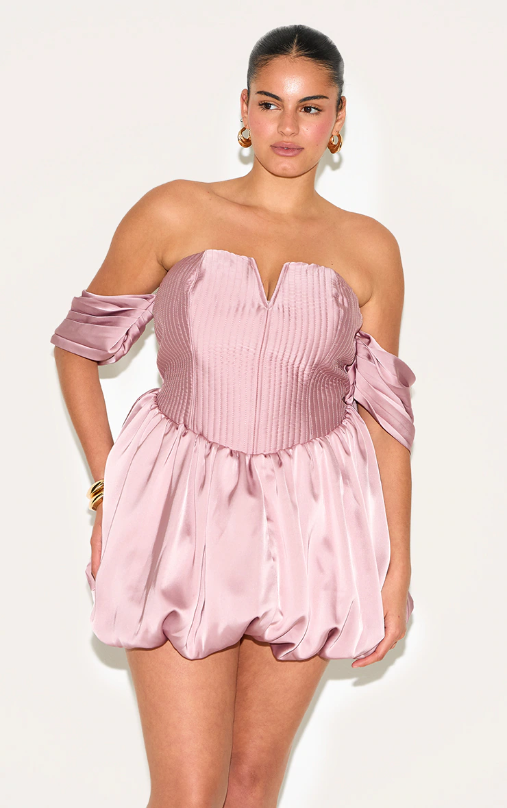 Plus Rose Satin Puffball Bardot Shift Dress