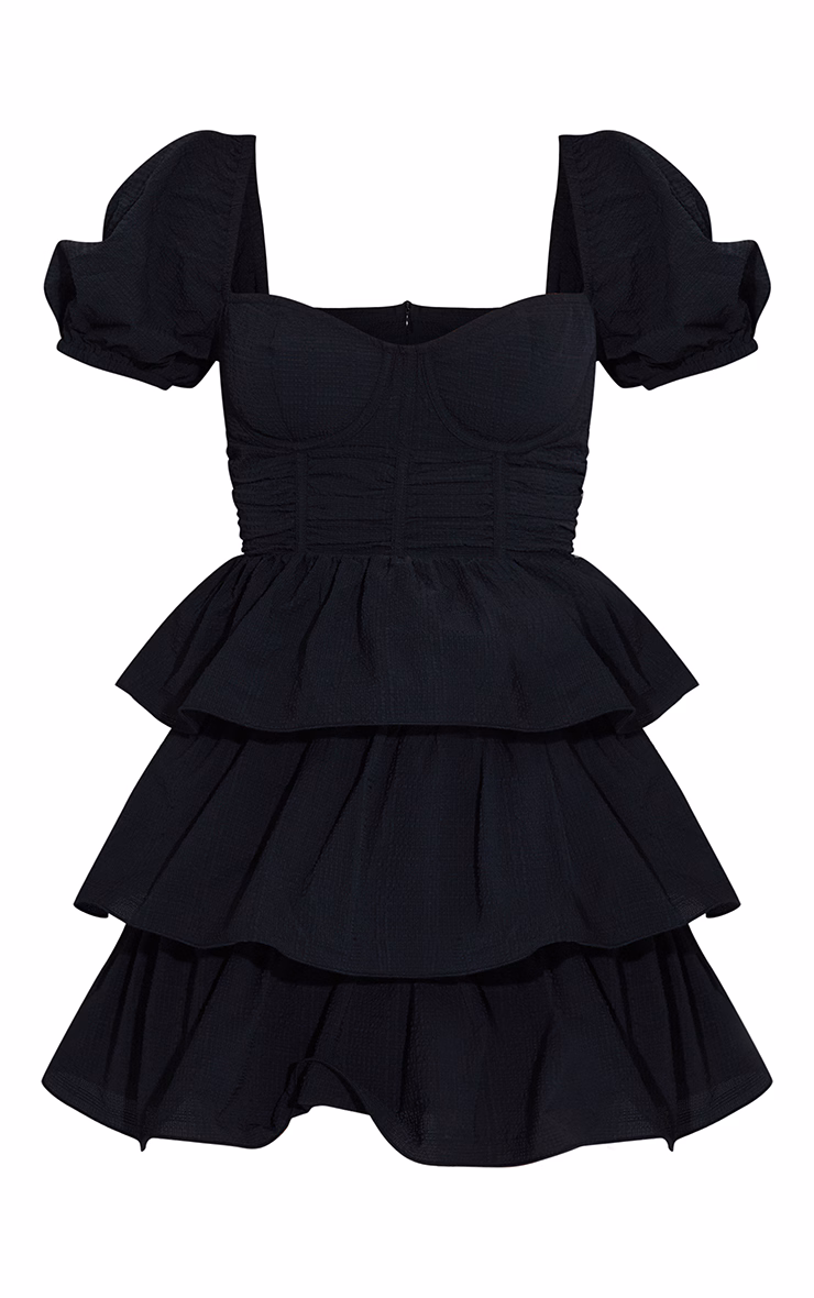 Black Crinkle Cup Detail Tiered Skirt Skater Dress