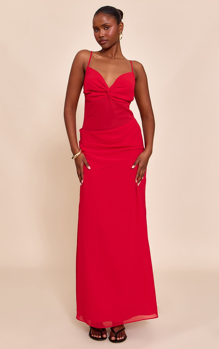 Tomato Red Chiffon Twist Cut Out Maxi Dress
