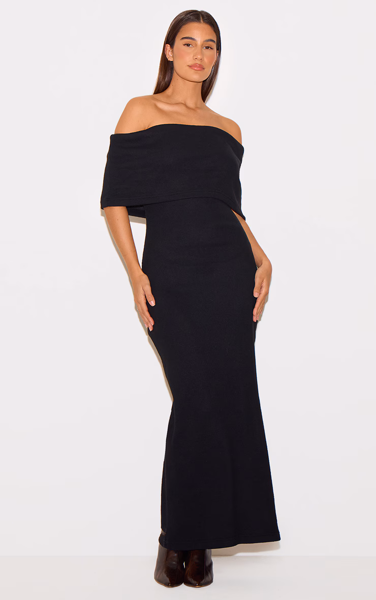 Black Heavy Brushed Rib Sleeveless Bardot Maxi Dress