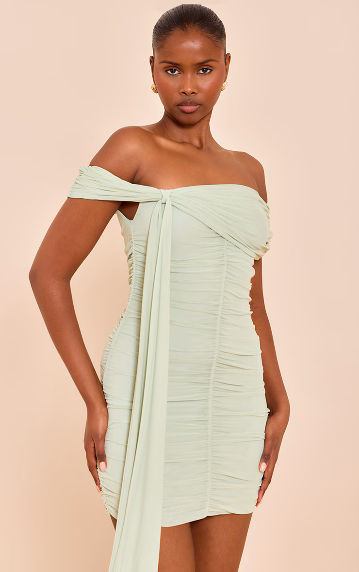 Pale Lime Mesh Lined Bardot Mini Dress