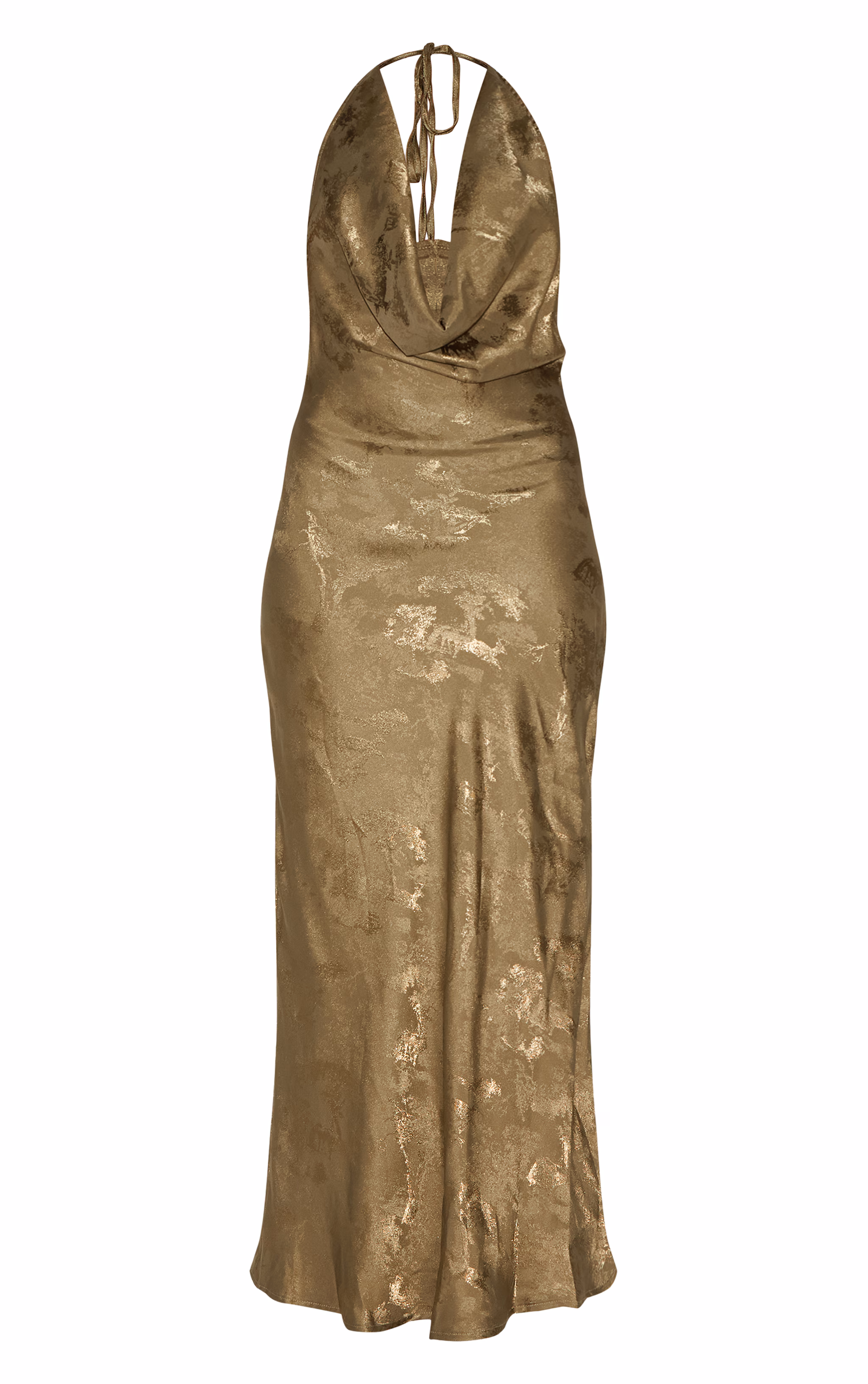 Olive Satin Extreme Cowl Neck Maxi Dress