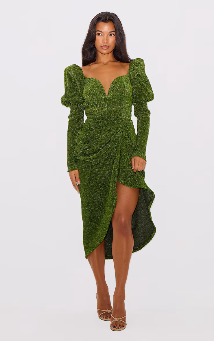 Green Glitter Plisse Puff Sleeve V Bar Draped Midi Dress