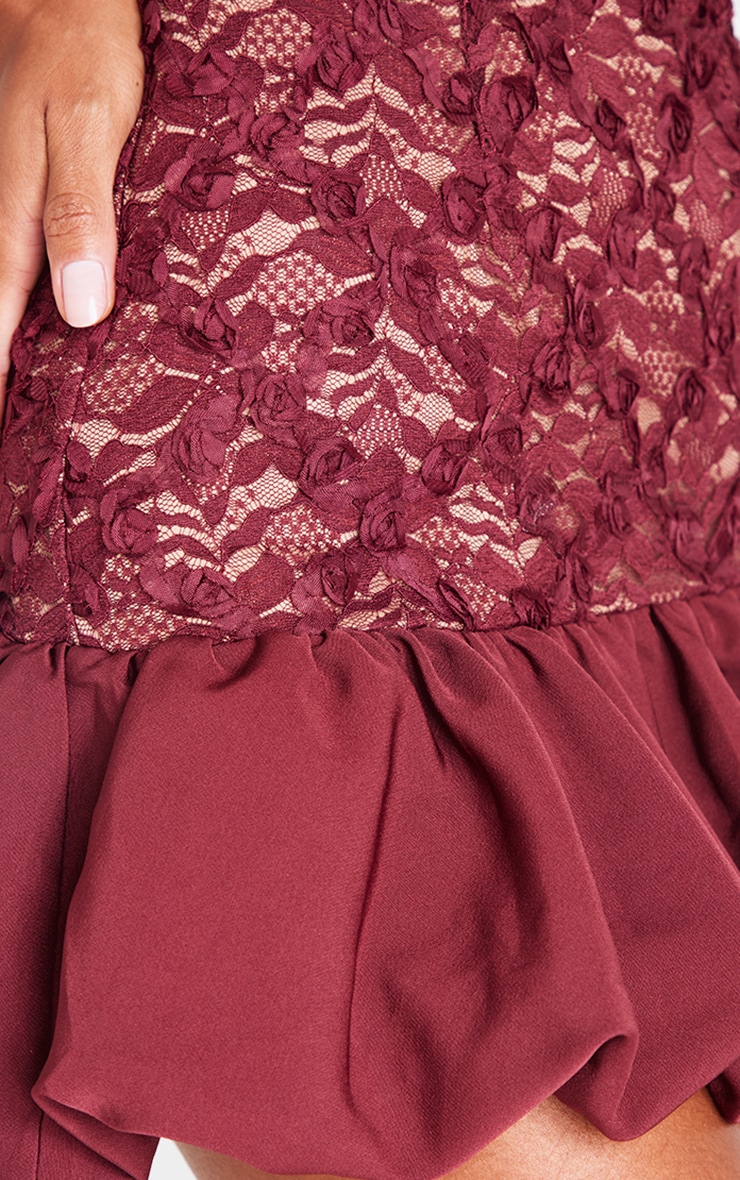 Burgundy Floral Textured Bandeau Puffball Hem Shift Dress