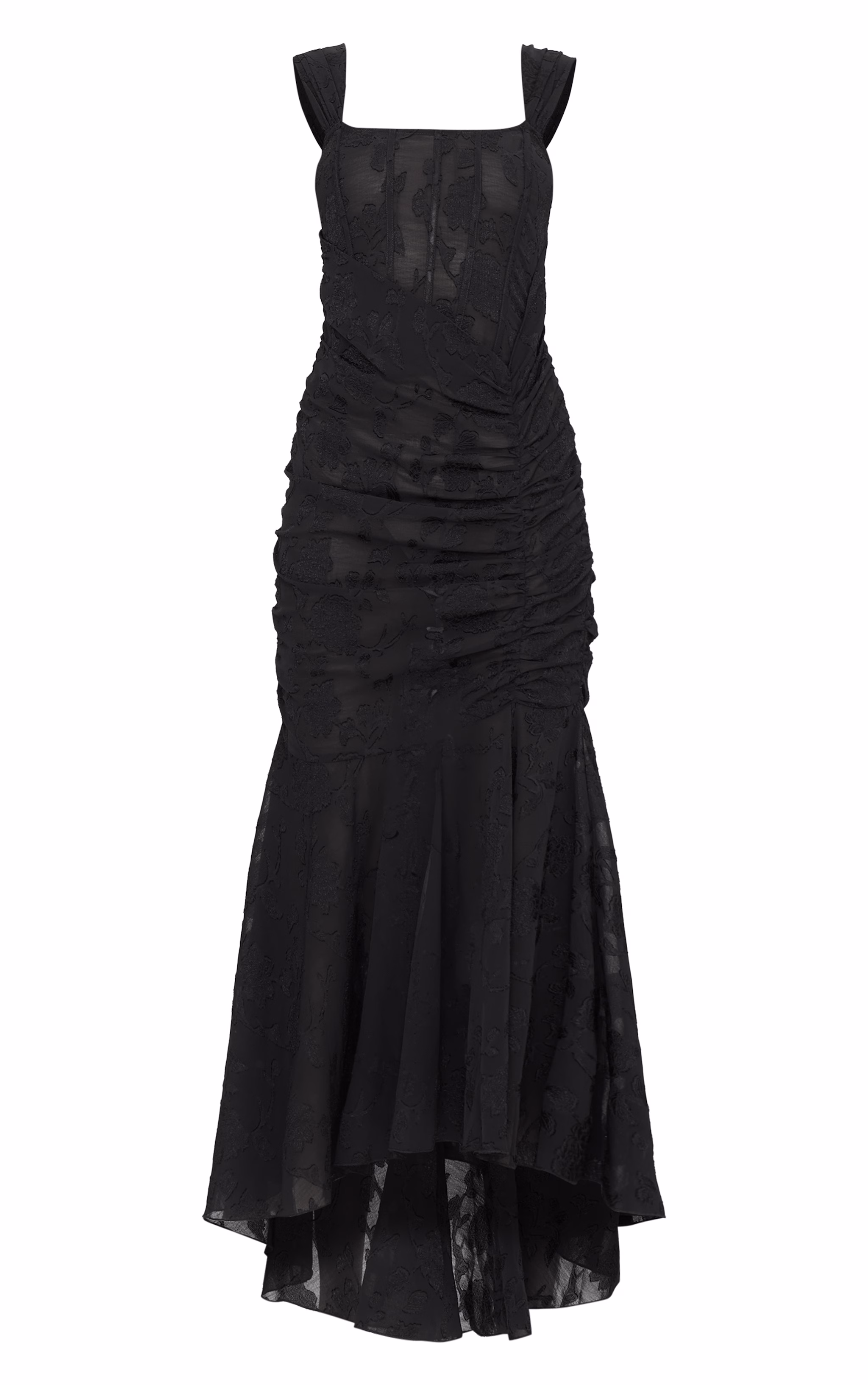 Black Burnout Side Ruched Midi Dress