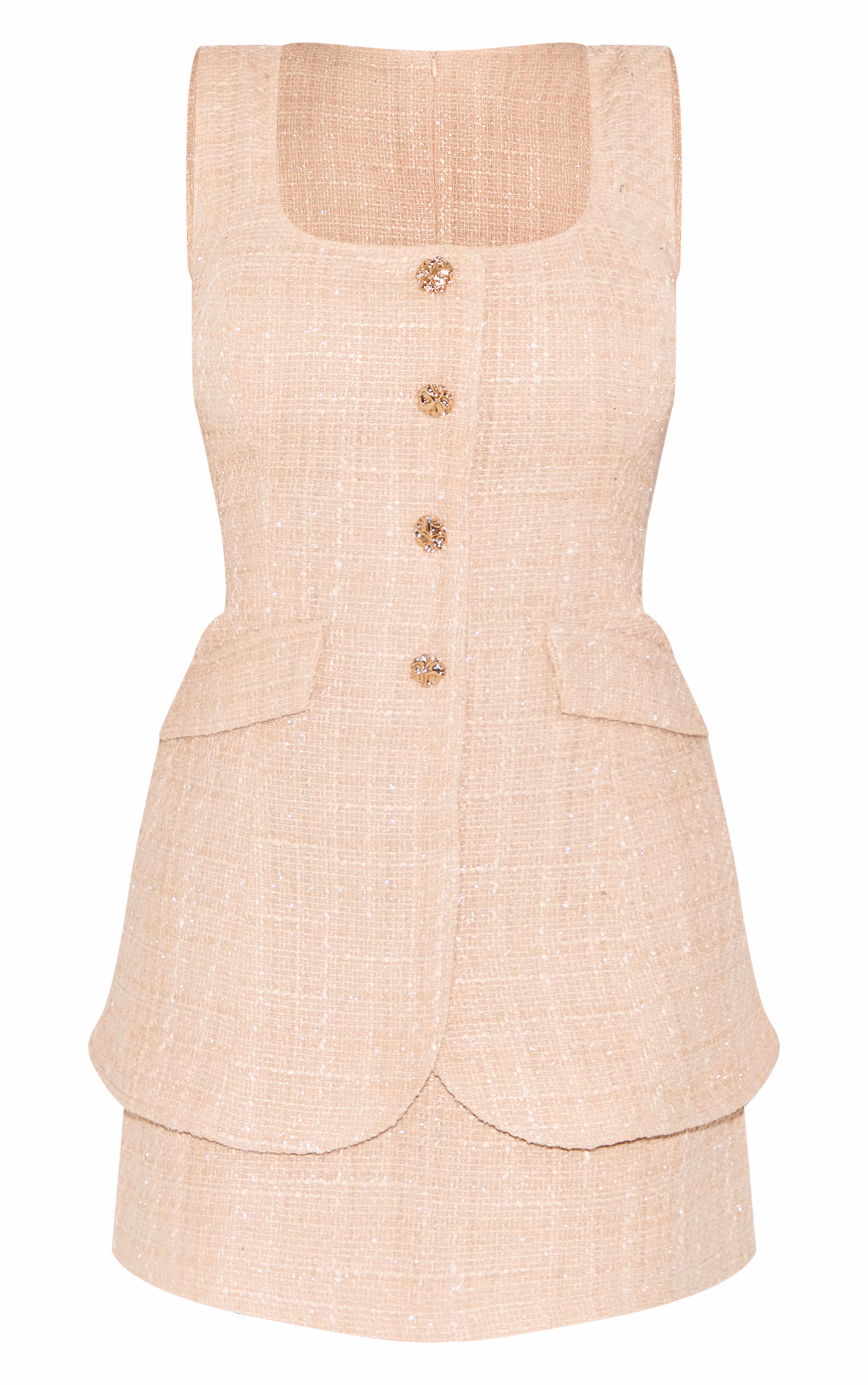 Shape Stone Boucle Square Neck Layered Hammered Button Mini Dress