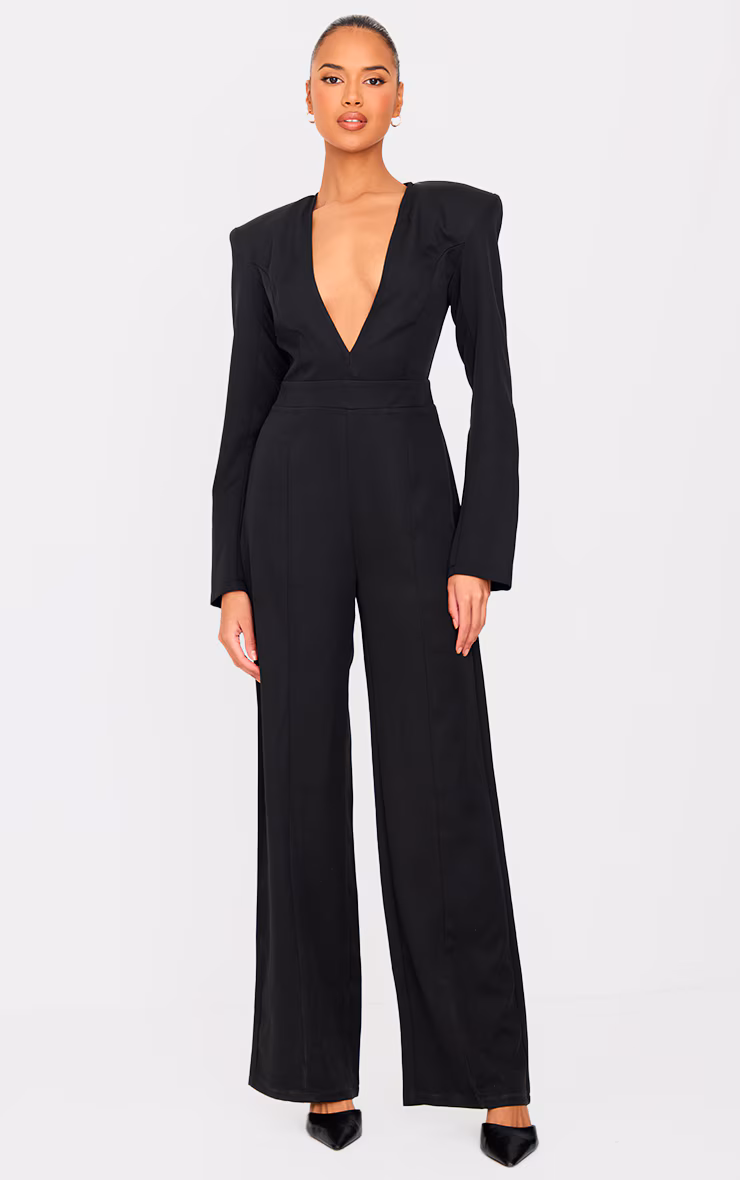 Black Woven Plunge Long Sleeve Straight Leg Jumpsuit