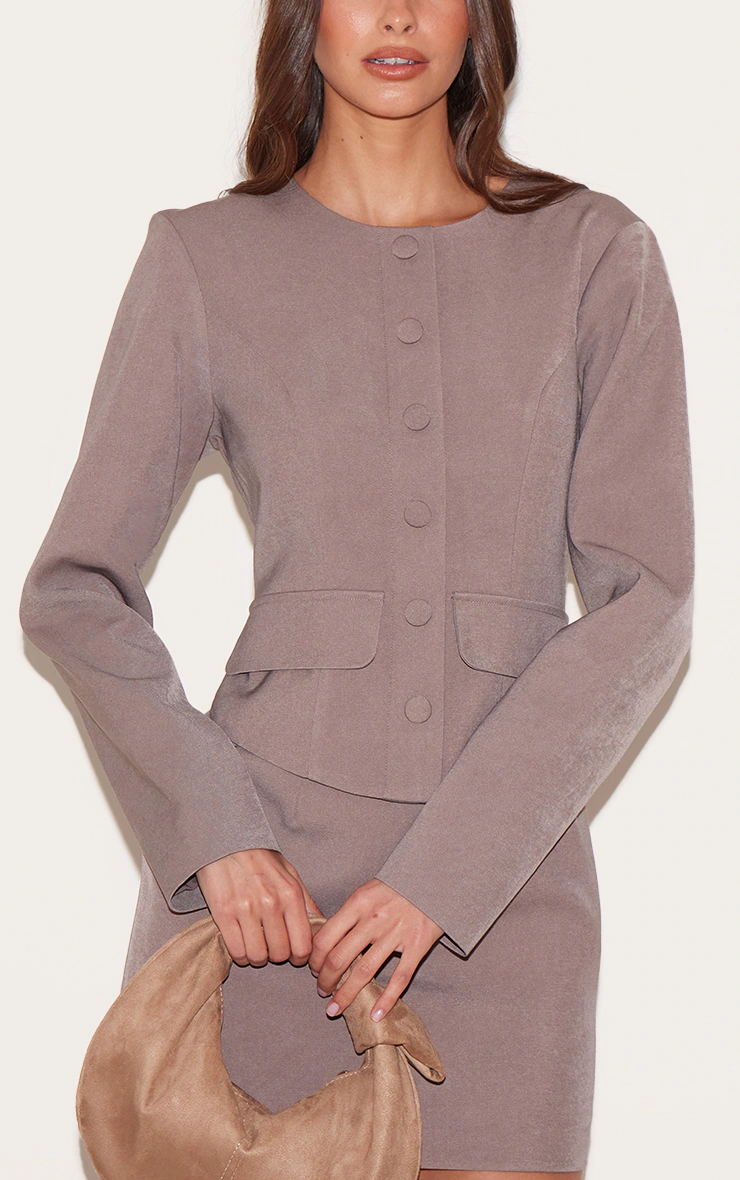 Mushroom Woven Tailored Button Detail Mini Dress