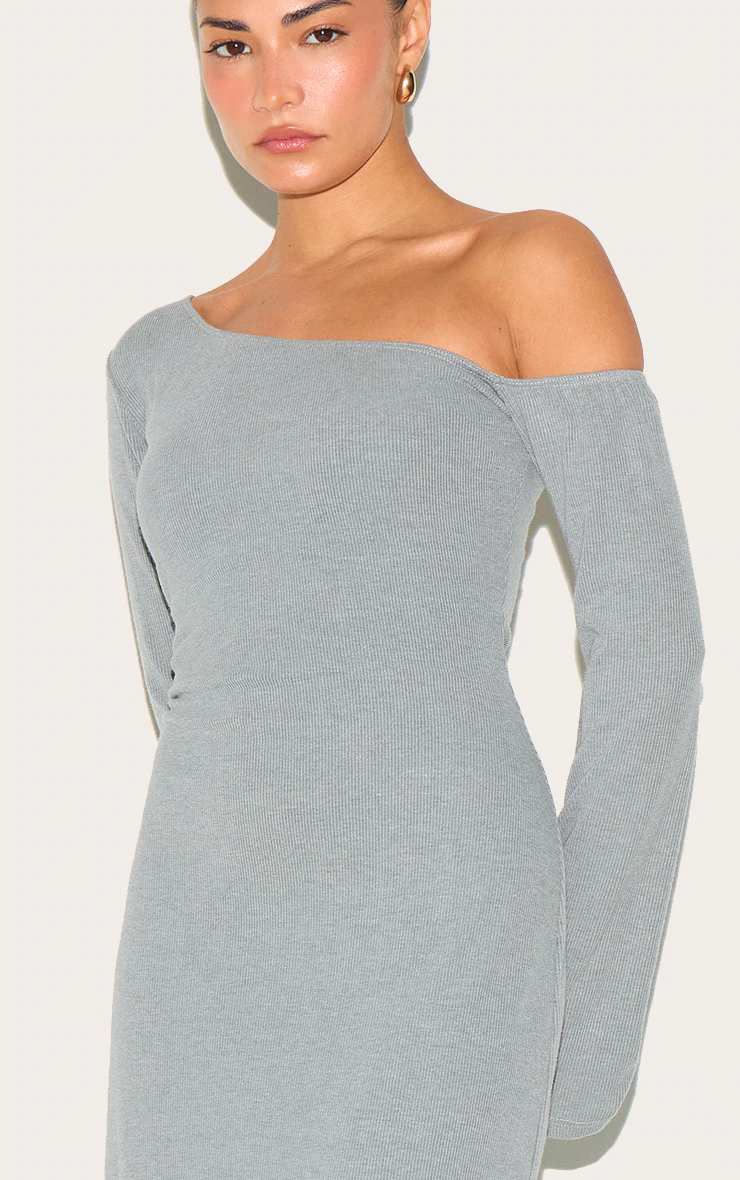 Petite Grey Asymmetric Ribbed Maxi Dress