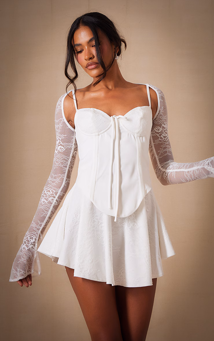 Premium White Lace Long Sleeve Cup Detail Dress