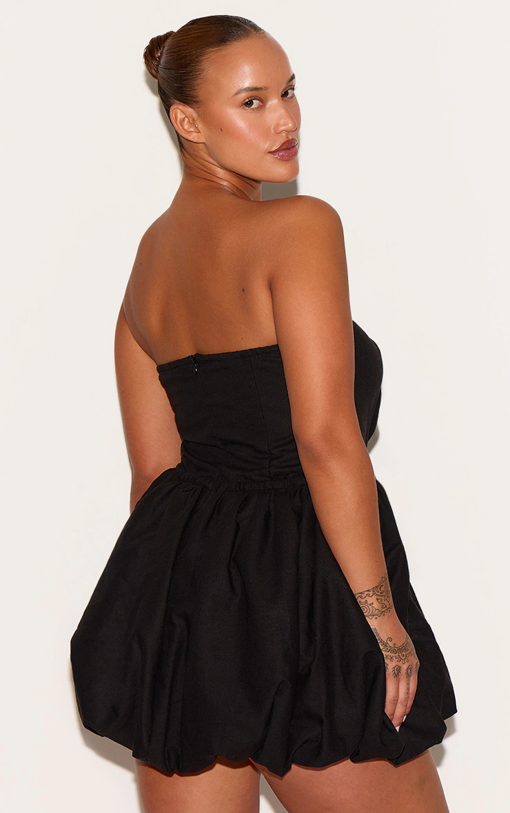 Plus Black Linen Bandeau Tie Waist Puffball Dress