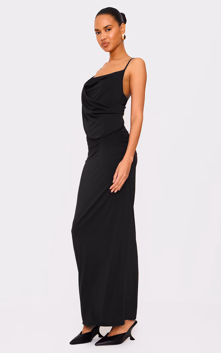 Black Double Layer Slinky Drape Detail Maxi Dress