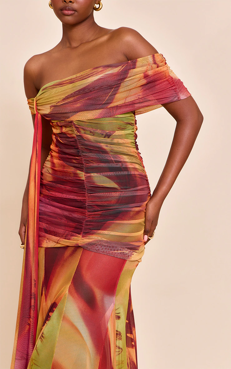 Burnt Orange Abstract Print Lined Mesh Bardot Maxi Dress