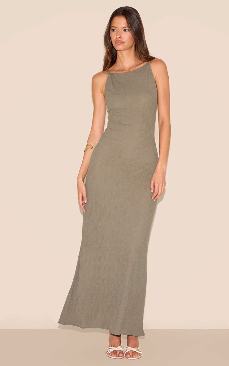 Khaki Textured Twist Shoulders Maxi Dress