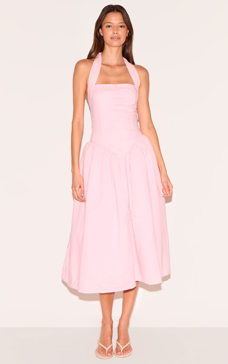 Candy Pink Embroidered Cotton Halterneck Midaxi Dress