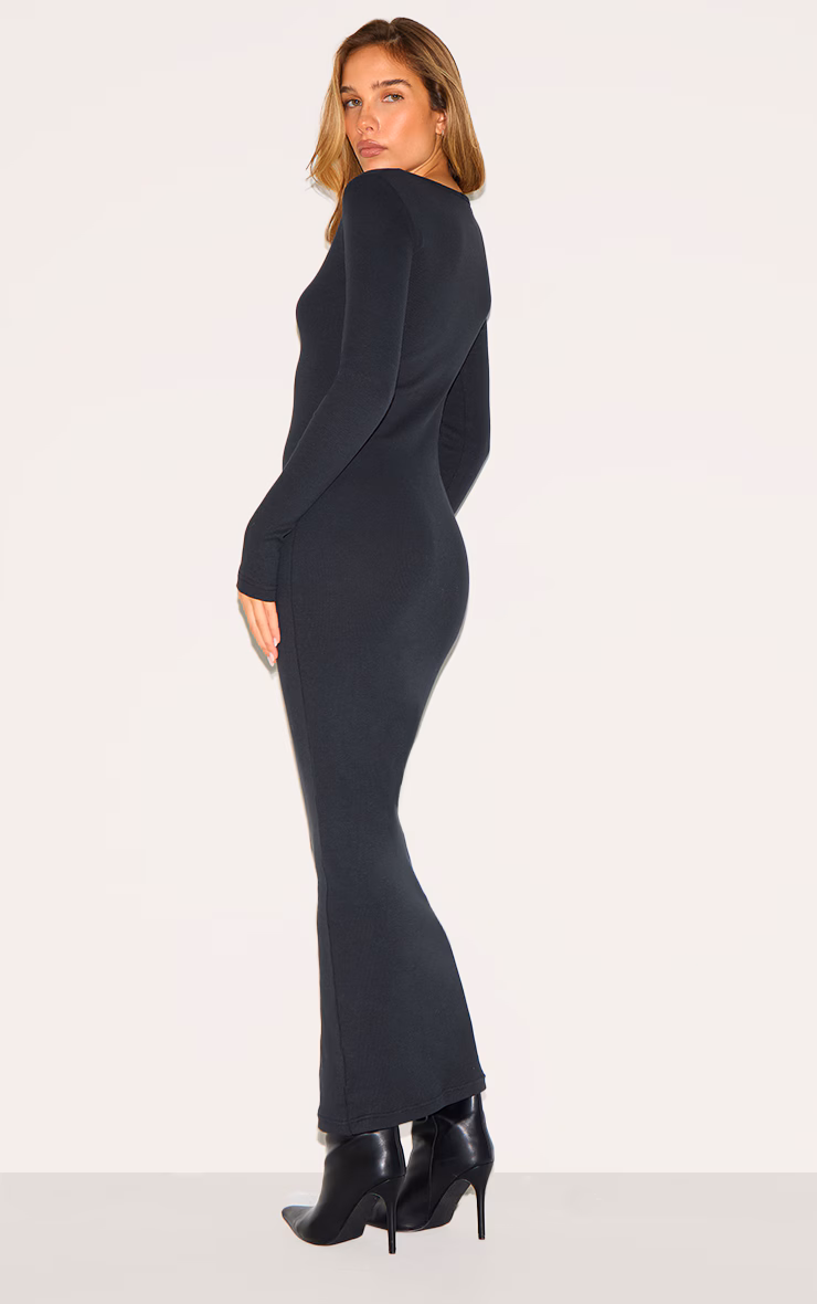 Black Ribbed V Neck Long Sleeve Maxi Dress