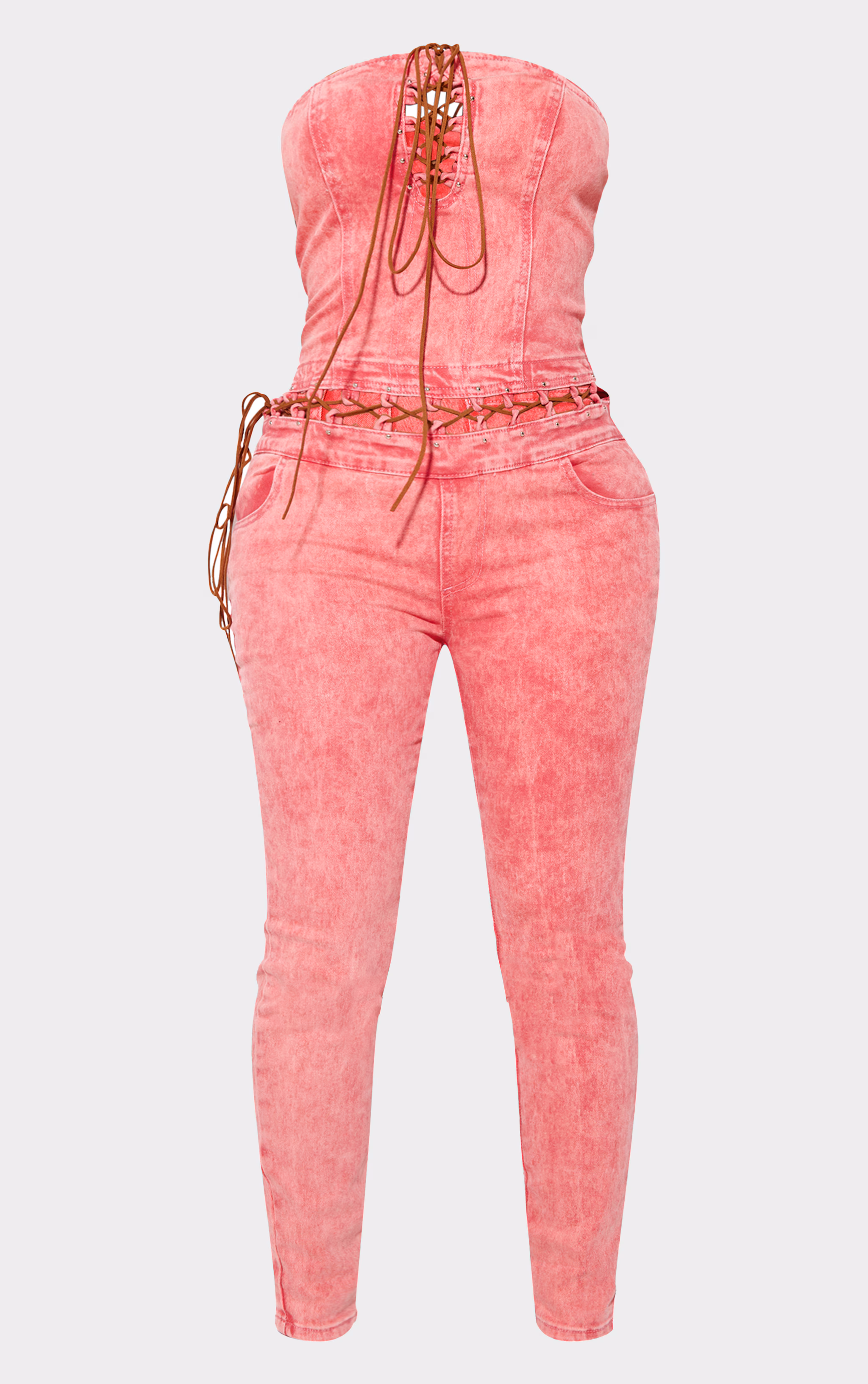 Shape Washed Red Denim Bandeau Lace Up Detail Jumpsuit