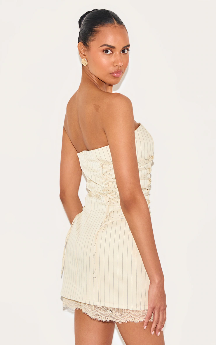 Cream Pinstripe Bandeau Lace Trim Shift Dress