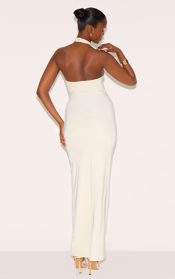 Almond Double Layered Slinky Halter Neck Trim Detail Maxi Dress
