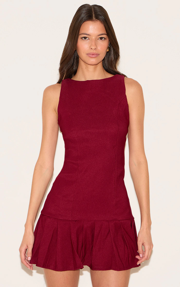 Burgundy Stretch Woven Frill Hem Shift Dress