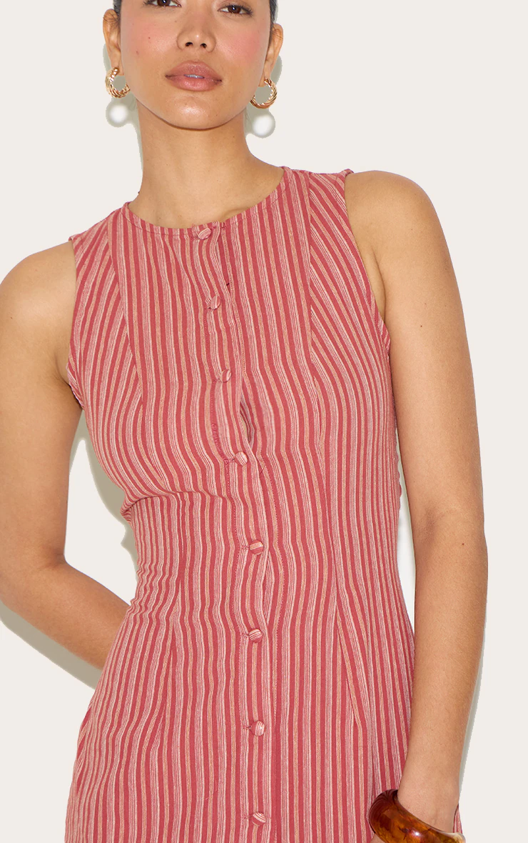 Red Pinstripe Button Down Shift Dress