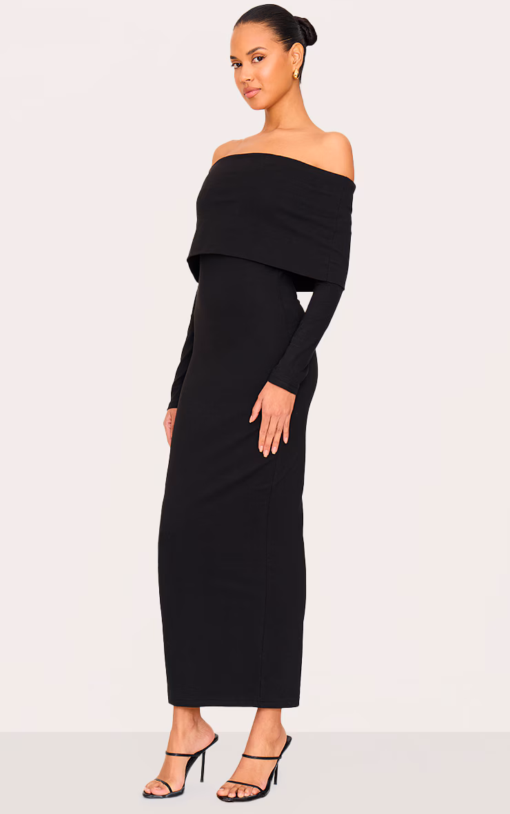 Black Cotton Super Oversized Bardot Maxi Dress